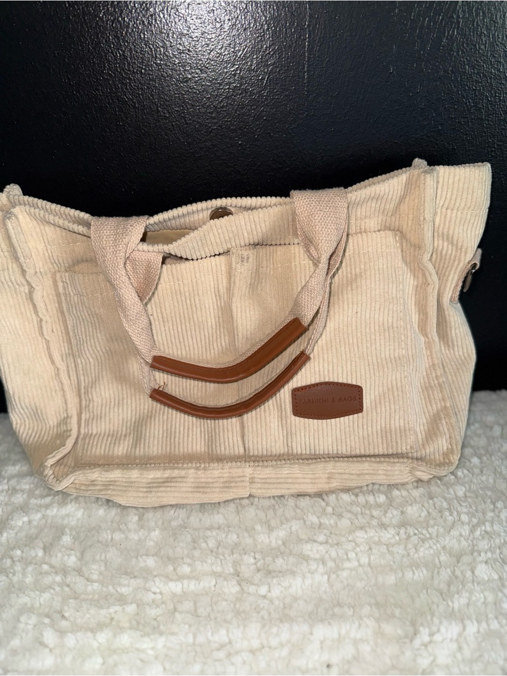 Corduroy Cream Tote with Brown Trim -